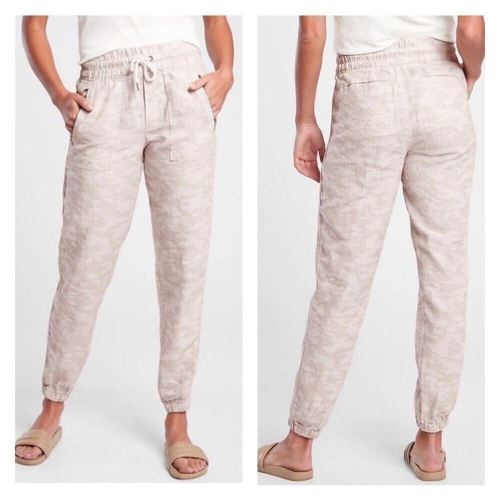 Athleta Pants Womens 4 Cream Camo Cabo Tide Linen Jogger Drawstring Lightweight